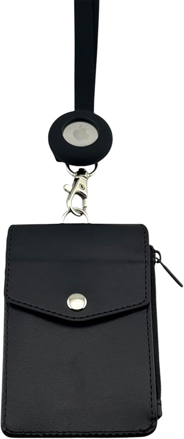 GATYZGEAR Faux Leather Wallet with Lanyard, Black, ID Card Holder compatible with AirTag, Zipper Pocket