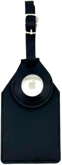 Leather Luggage Tag Compatible with AirTag, Black, with ID Card Holder