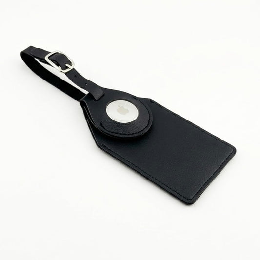 Leather Luggage Tag Compatible with AirTag, Black, with ID Card Holder