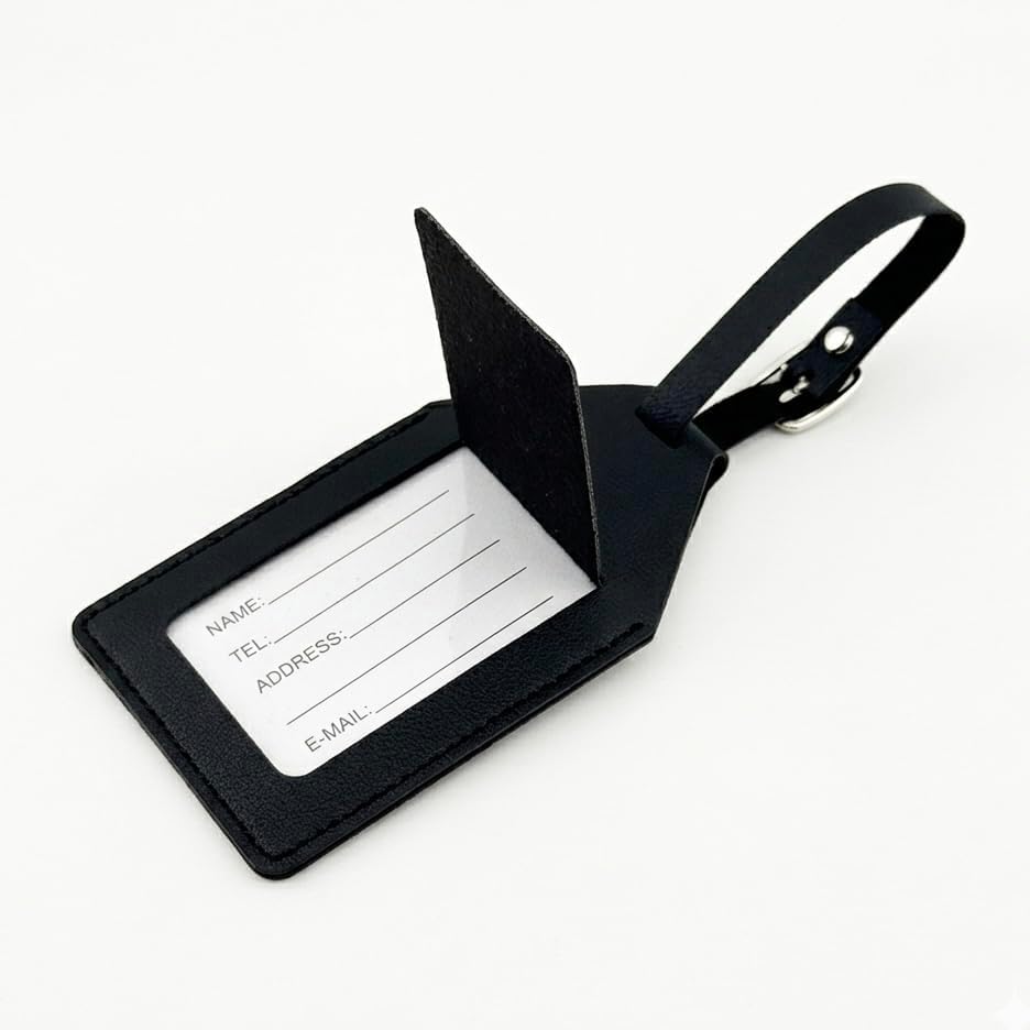 Leather Luggage Tag Compatible with AirTag, Black, with ID Card Holder