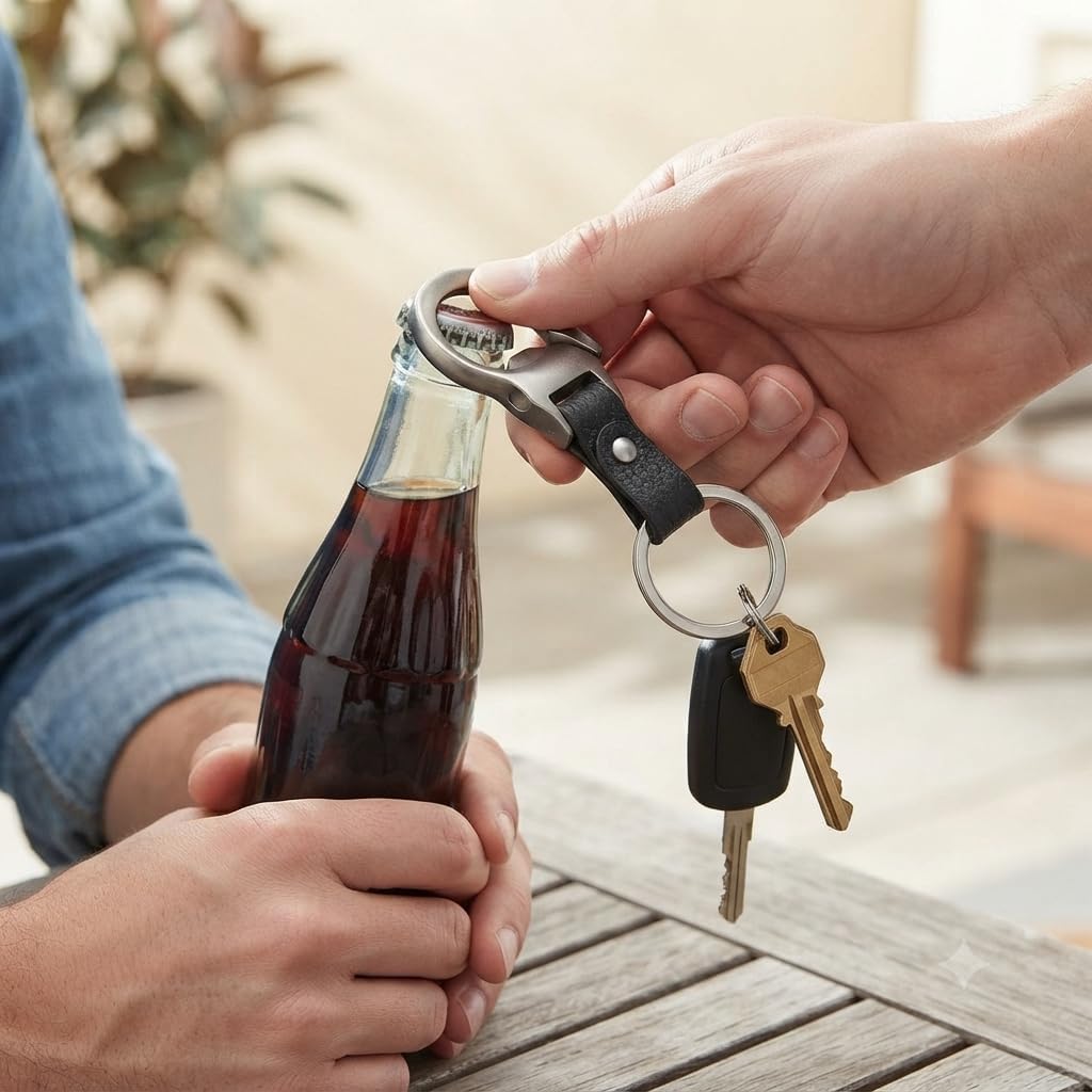 GATYZGEAR Bottle Opener Keychain with Black Leather Strap Double Loop Rings