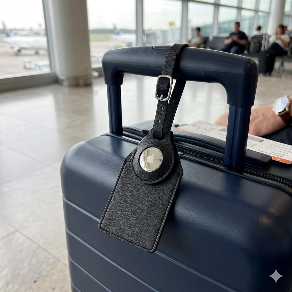 Leather Luggage Tag Compatible with AirTag, Black, with ID Card Holder