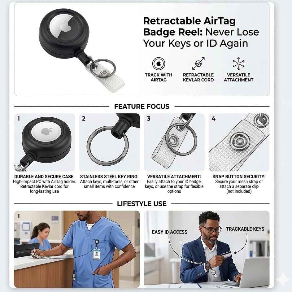 Heavy Duty Retractable Badge Reel with Key Ring, Black, Compatible with AirTag, Thick Belt Clip