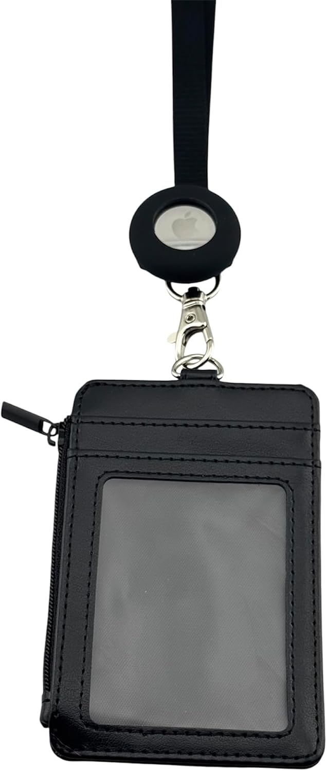 GATYZGEAR Faux Leather Wallet with Lanyard, Black, ID Card Holder compatible with AirTag, Zipper Pocket