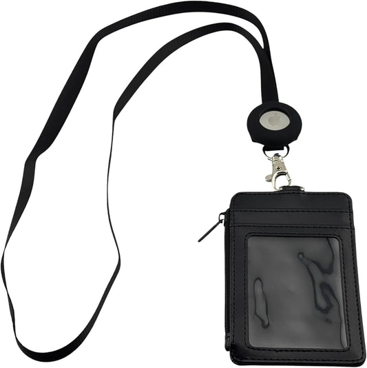 GATYZGEAR Faux Leather Wallet with Lanyard, Black, ID Card Holder compatible with AirTag, Zipper Pocket