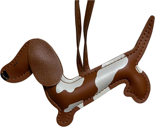 GATYZGEAR Dachshund Bag Charm, Brown and White Leather Sausage Dog Keychain Accessory