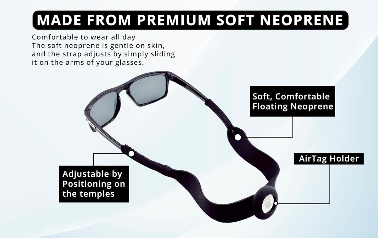 AirTag Neoprene Floating Glasses Strap, Black