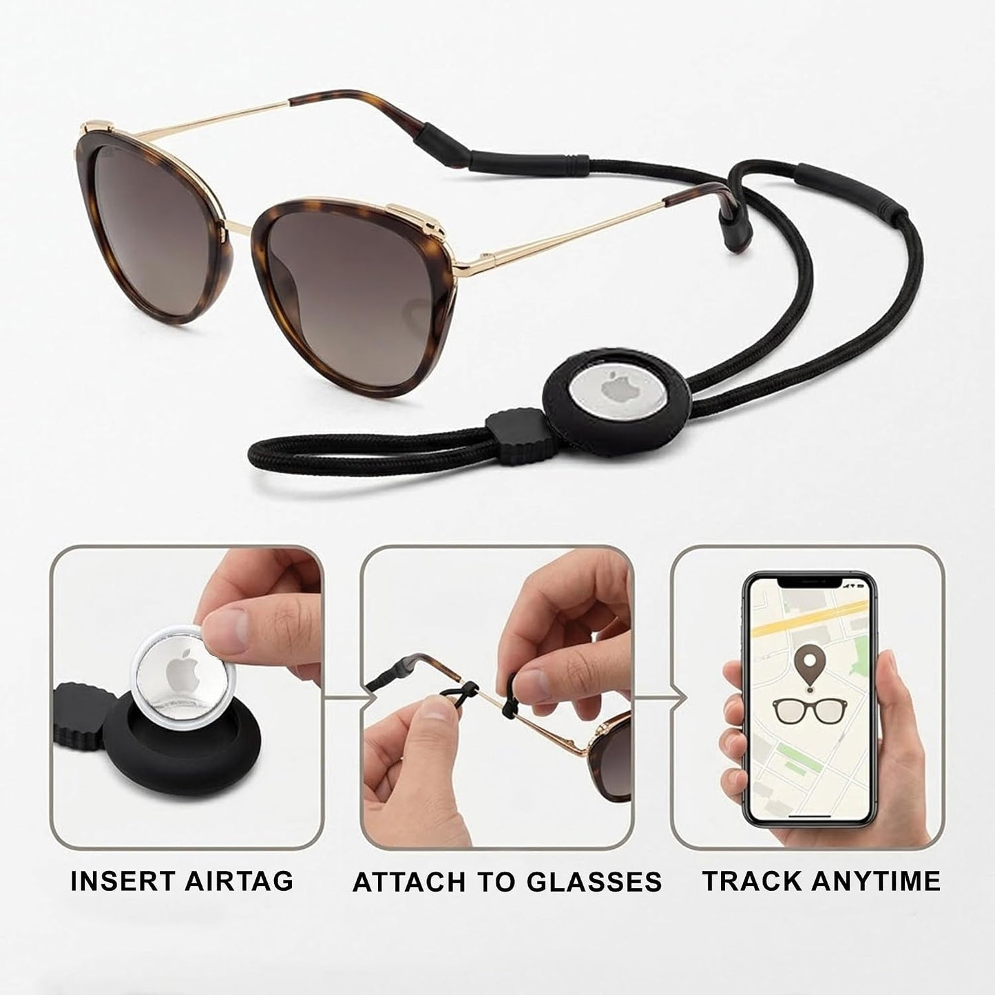 AirTag Eyeglass Rope Strap with Small Case, Black