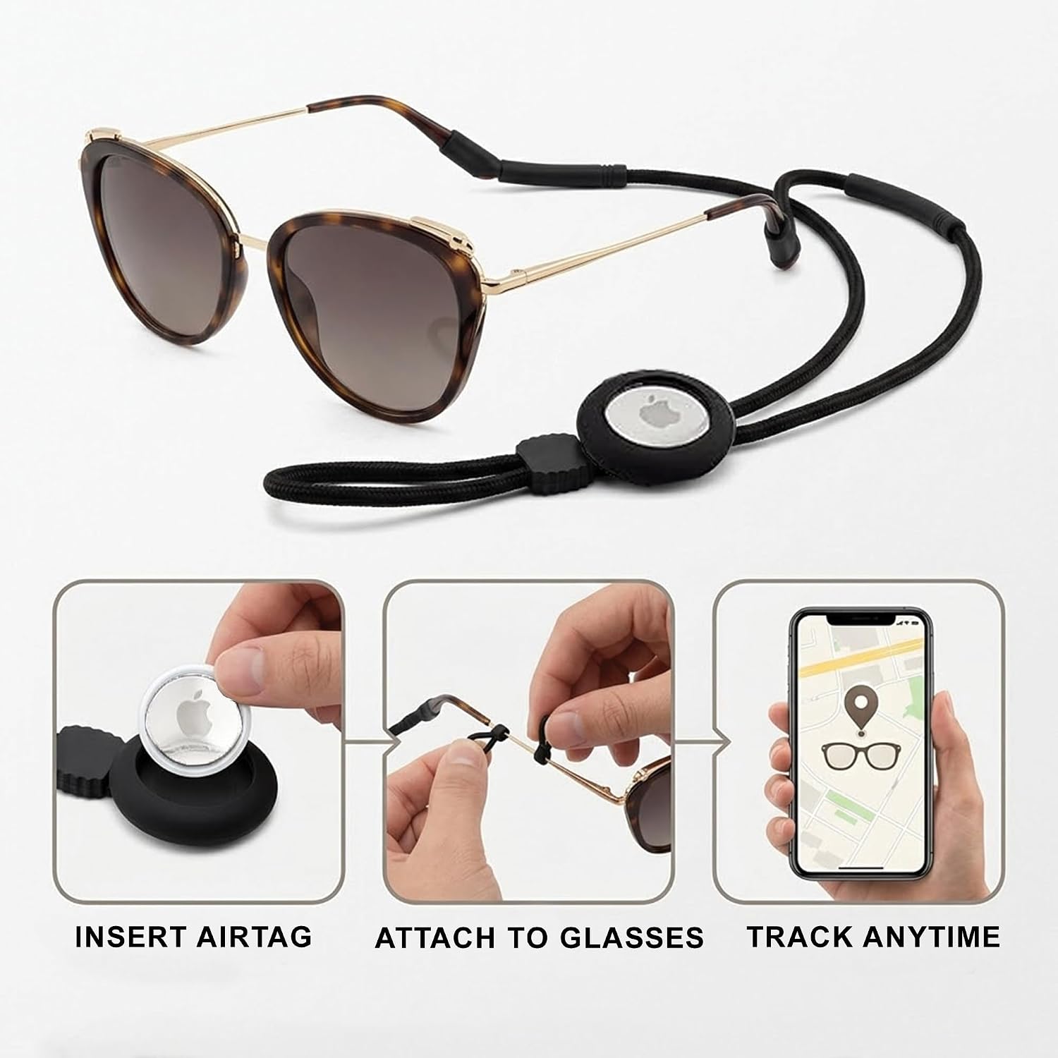 AirTag Eyeglass Rope Strap with Small Case, Black