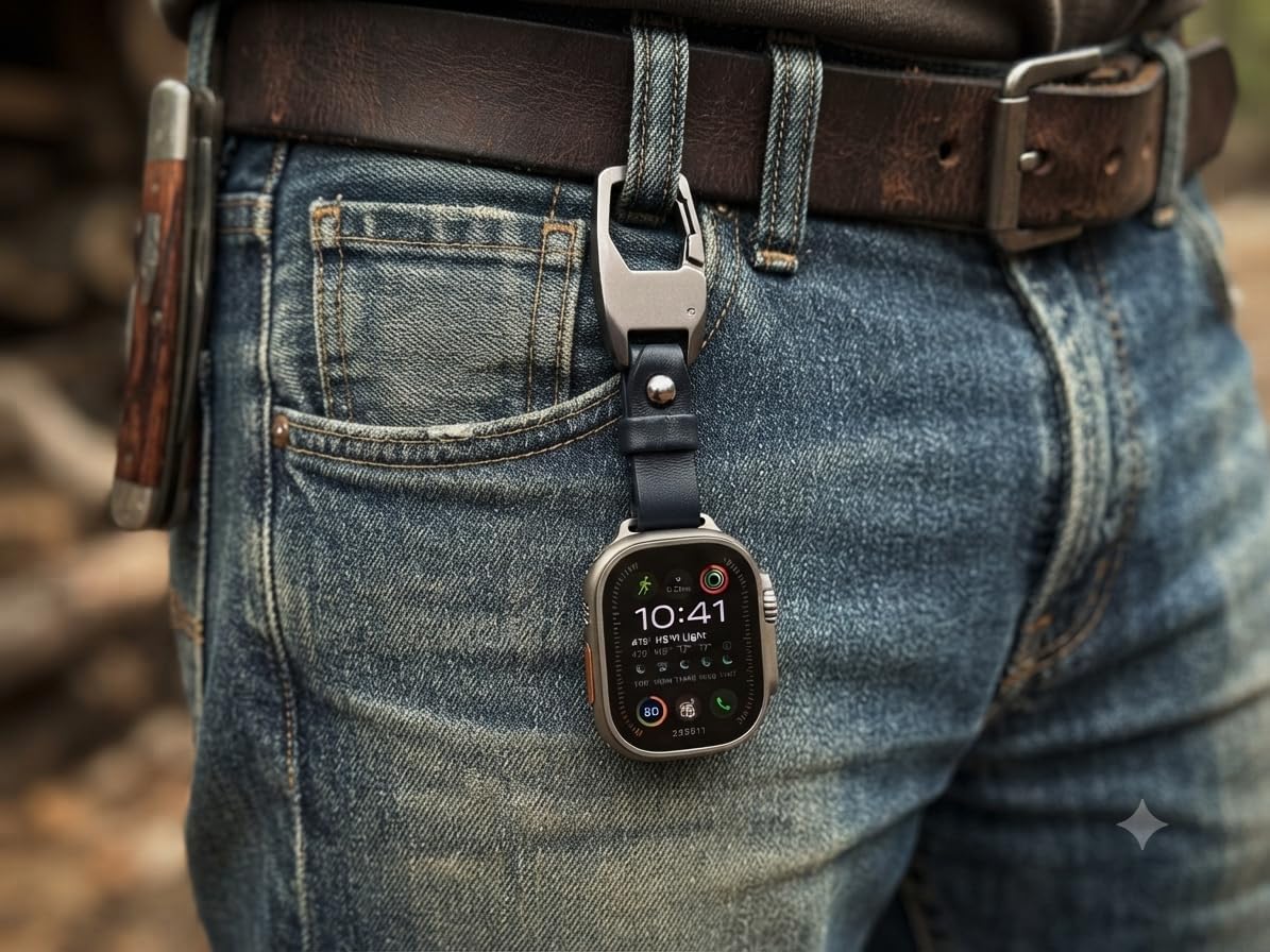 Clip Keychain with Leather Strap compatible with Apple Watch 42/44/45/49mm
