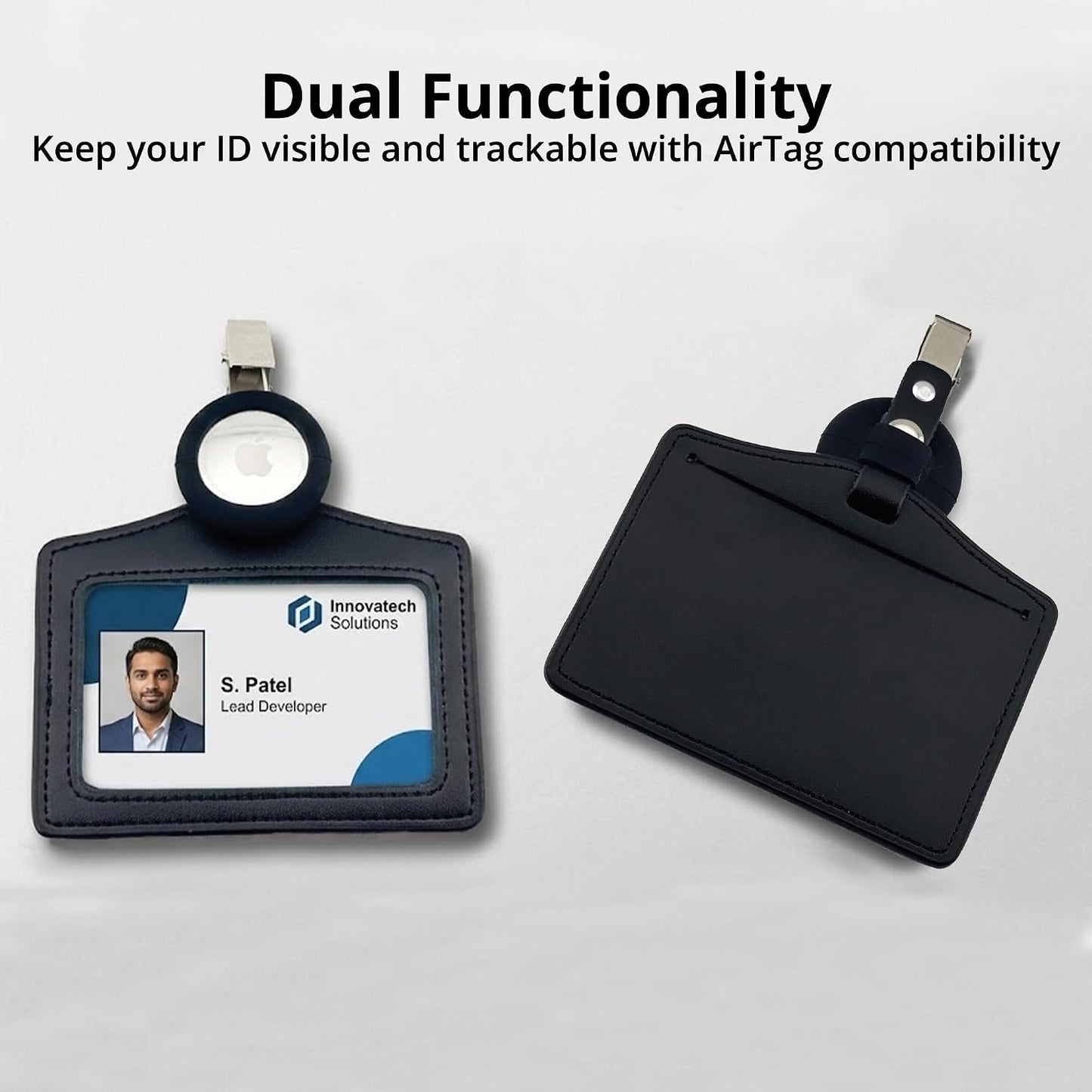 AirTag PU Leather ID Badge Holder with Clip