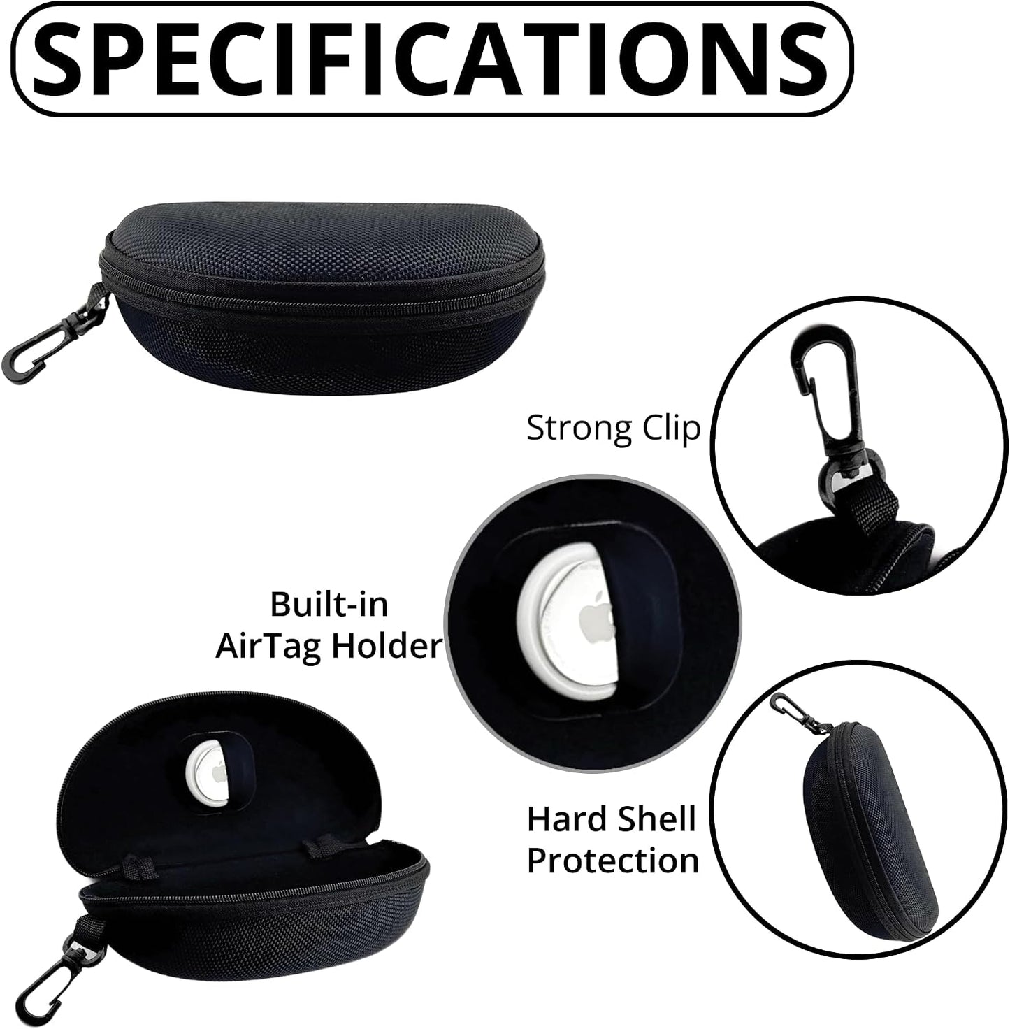 Hard-Shell Zip Glasses Case with Clip and AirTag