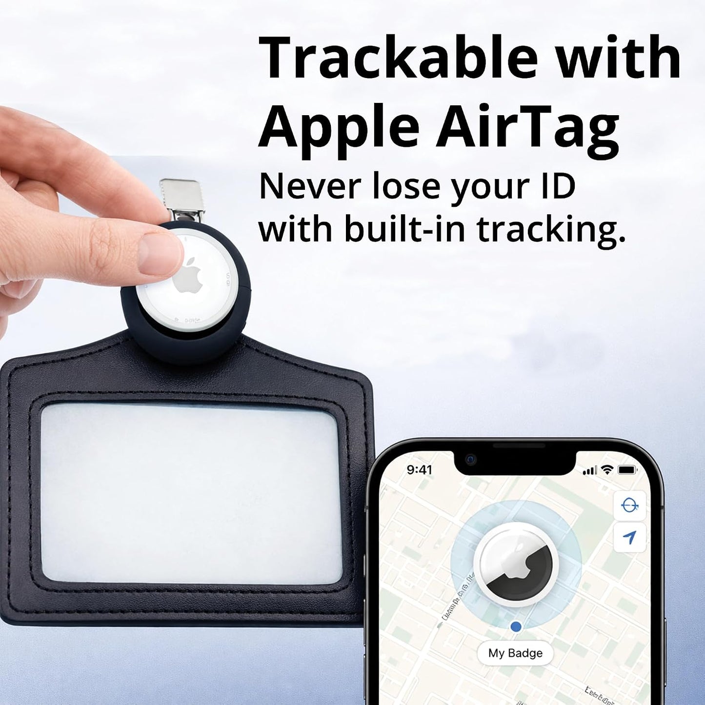 AirTag PU Leather ID Badge Holder with Clip
