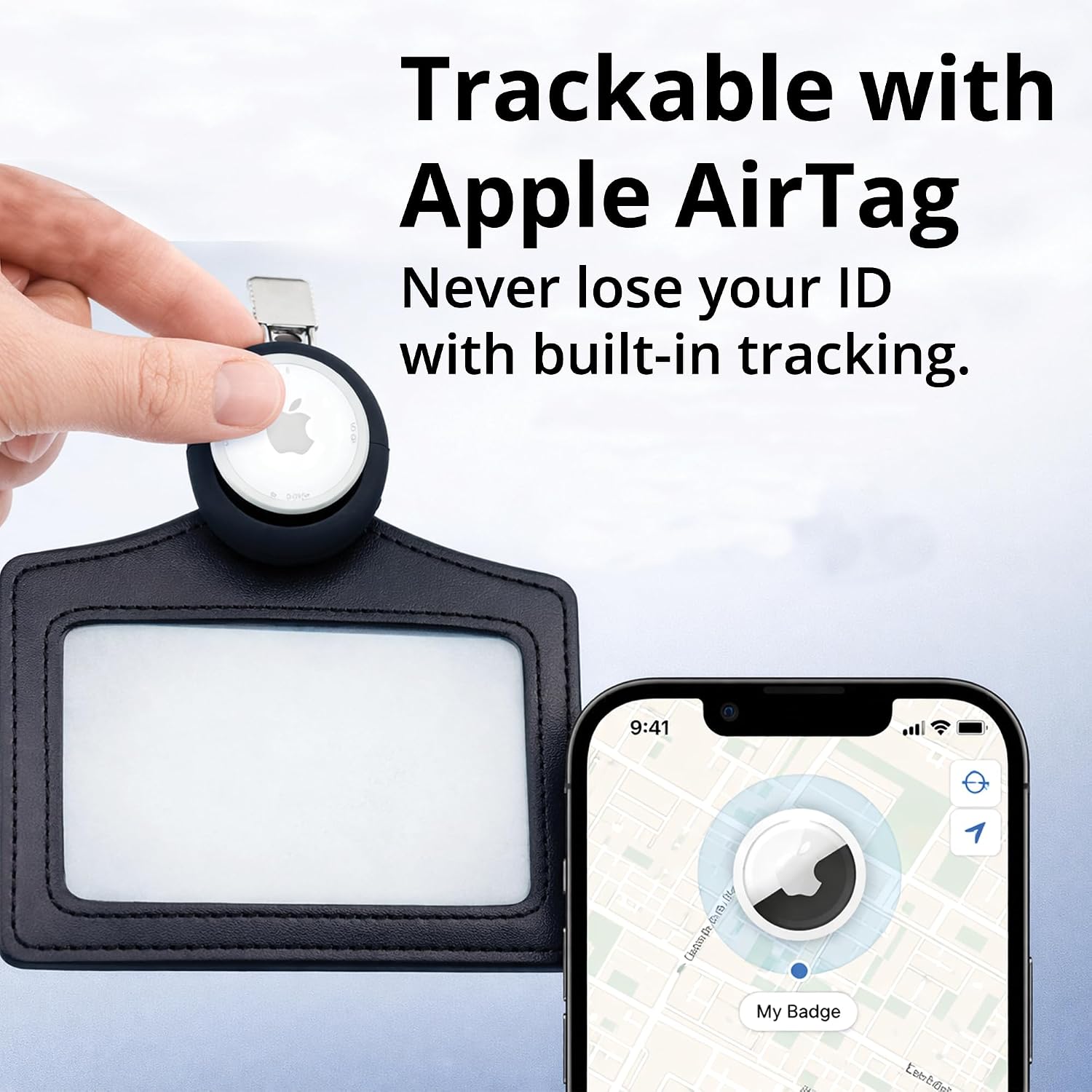 AirTag PU Leather ID Badge Holder with Clip