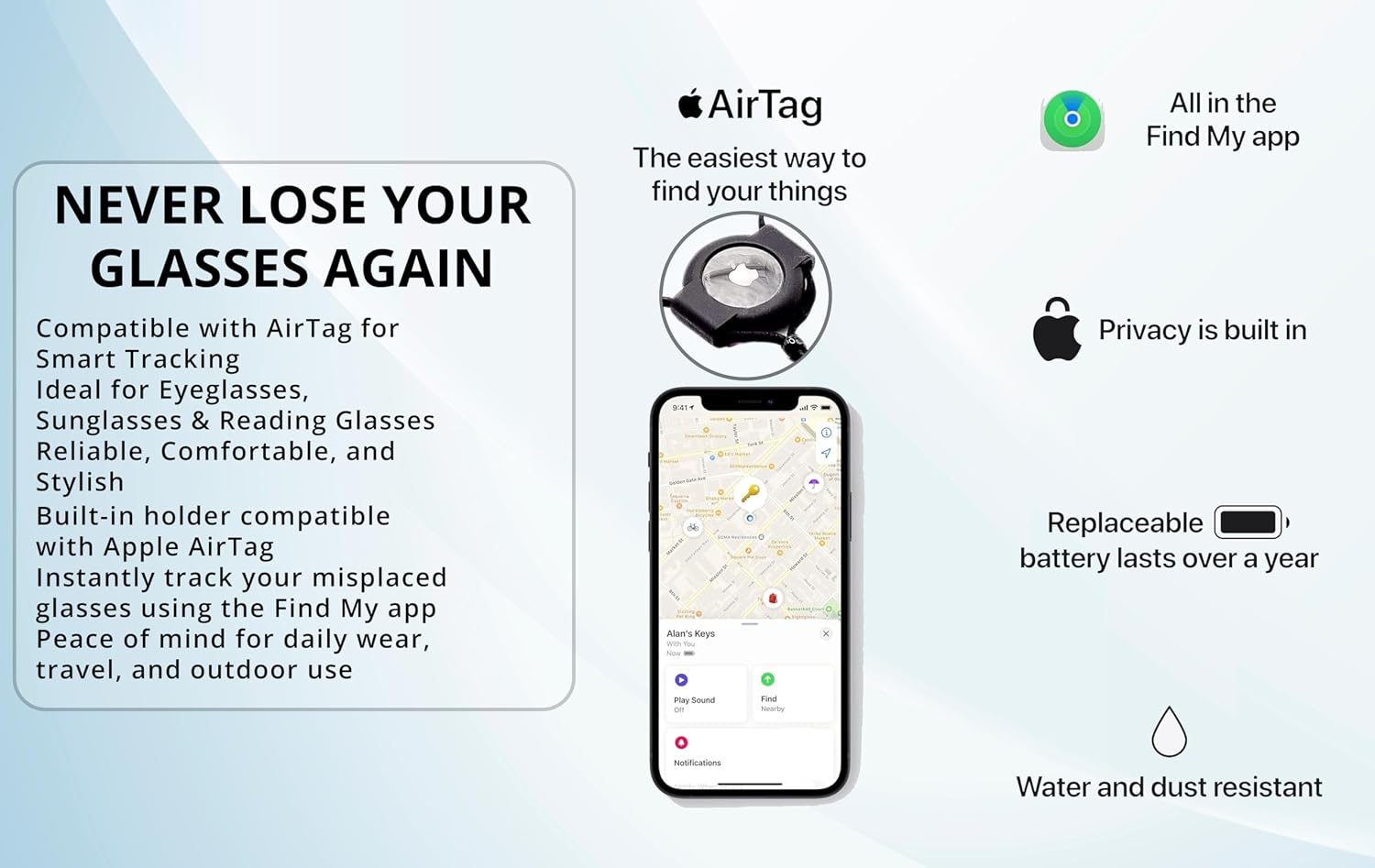 AirTag Leather/Silicone Glasses Strap, Black