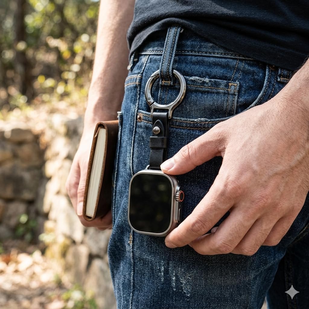 Belt Loop Keychain Compatible with Apple Watch, Black Leather Strap, 42/44/45/49mm