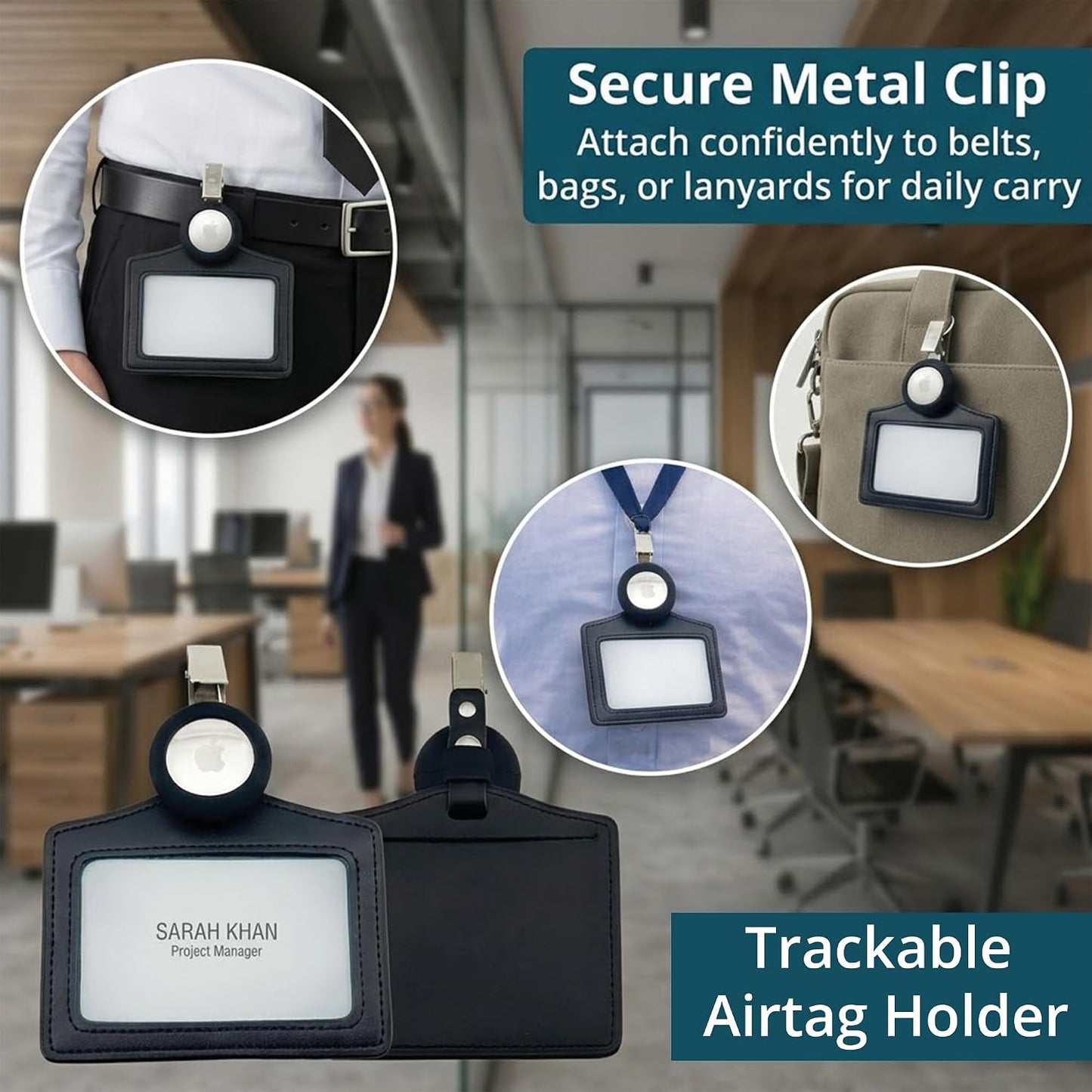 AirTag PU Leather ID Badge Holder with Clip