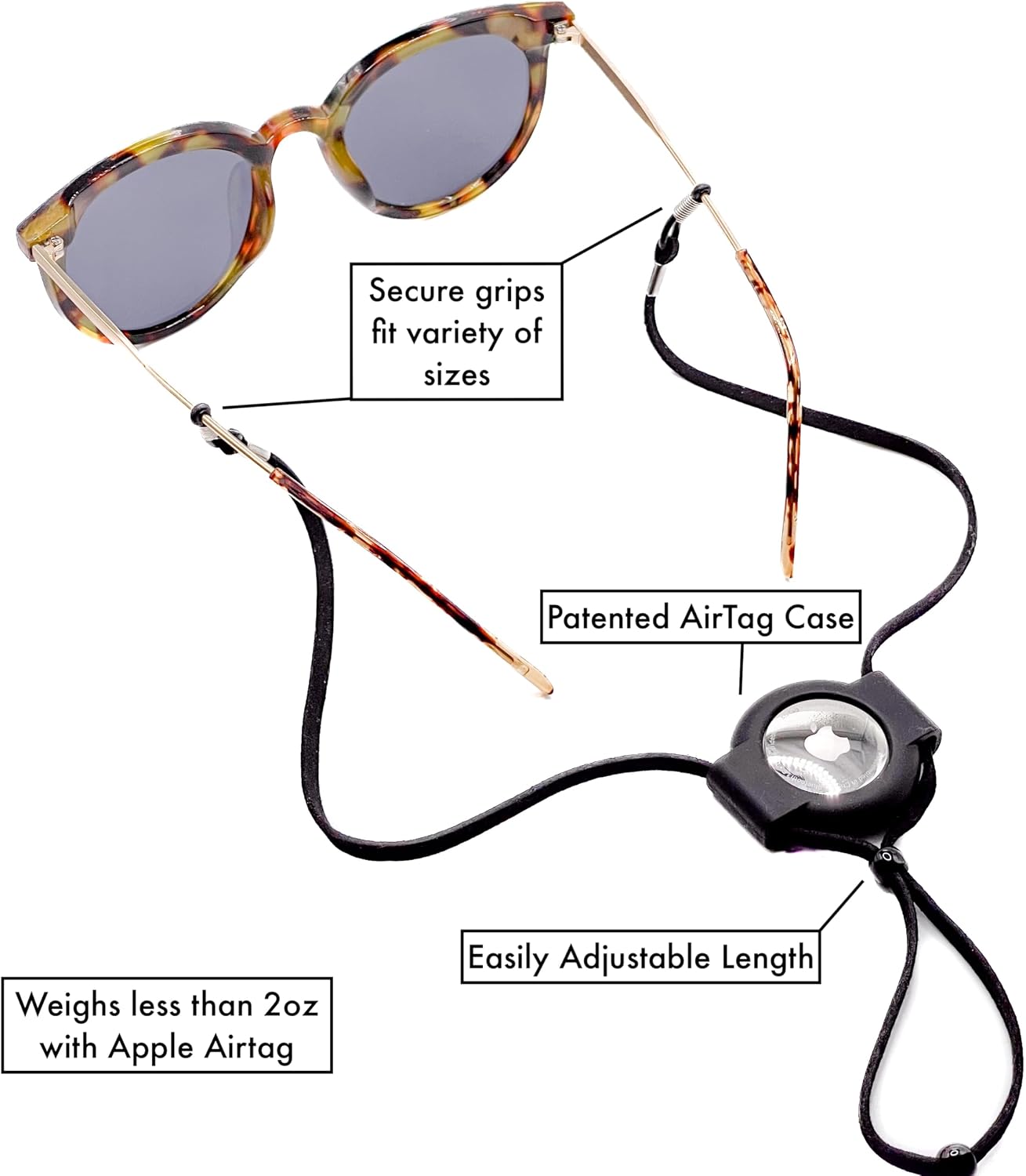 AirTag Leather/Silicone Glasses Strap, Black