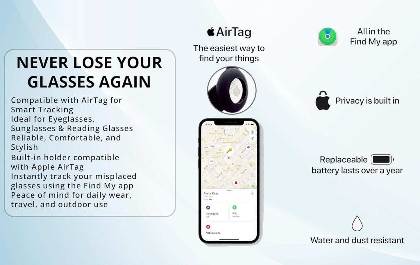 AirTag Neoprene Floating Glasses Strap, Black