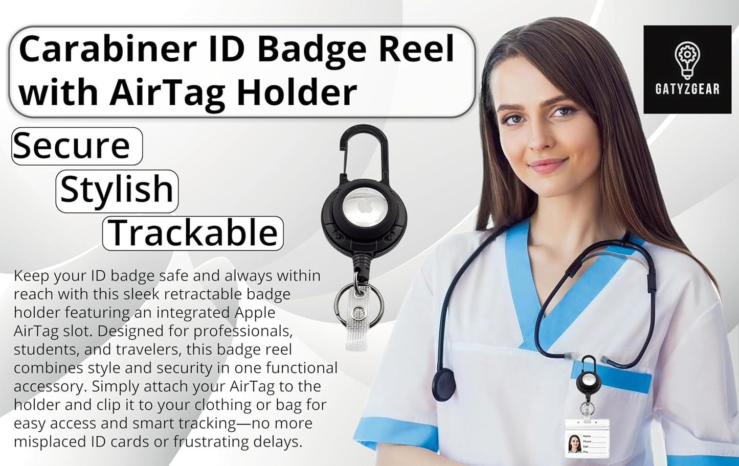 Carabiner ID Badge Reel with AirTag Holder