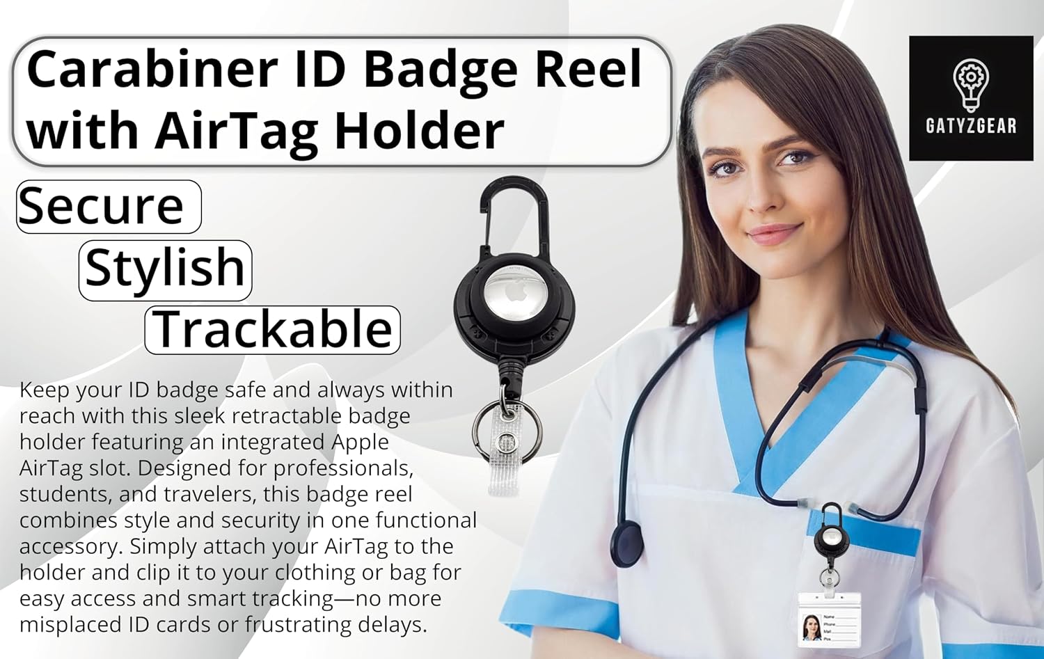 Carabiner ID Badge Reel with AirTag Holder