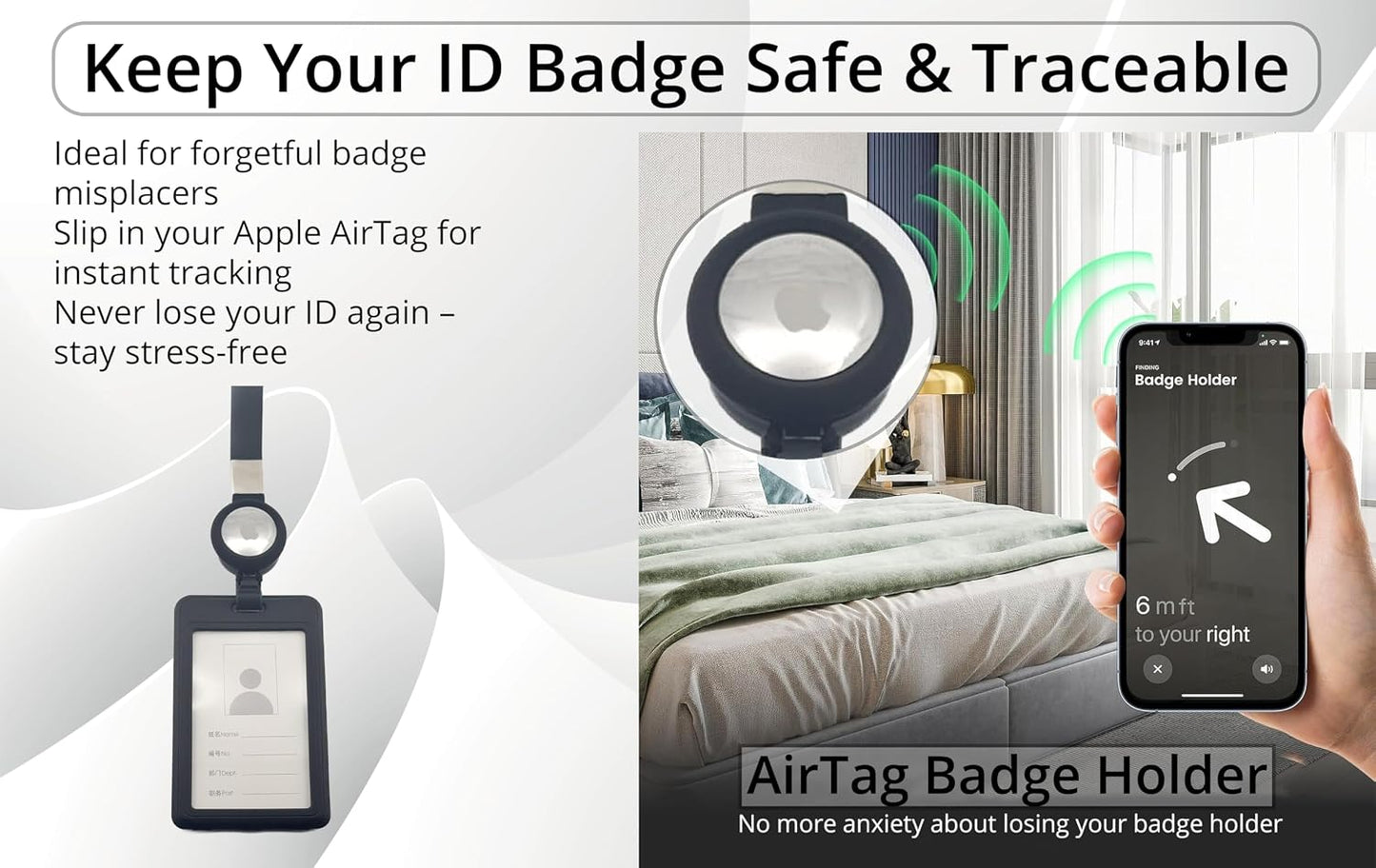 AirTag ID Badge Lanyard, Double-Sided, Black