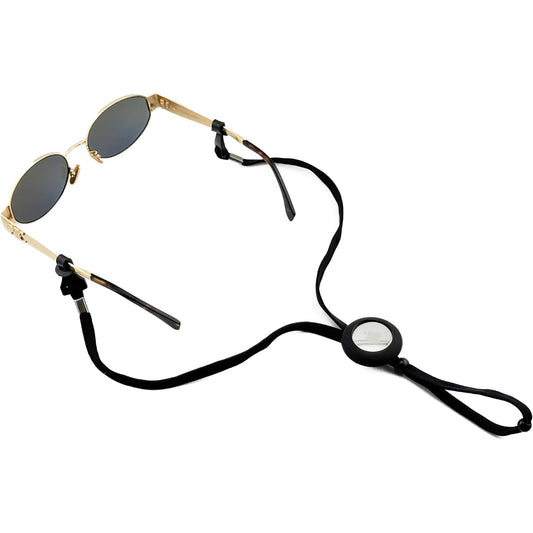 Gold-framed sunglasses with a black neck strap and circular mirror